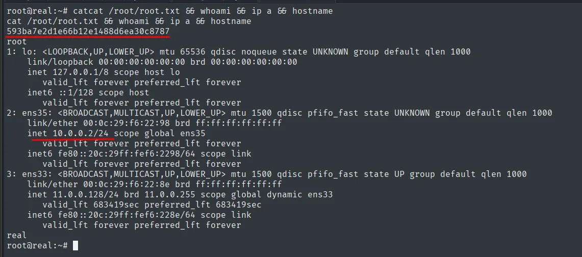 Shell de root en real: root.txt leída y una segunda interfaz ens35 en 10.0.0.2/24