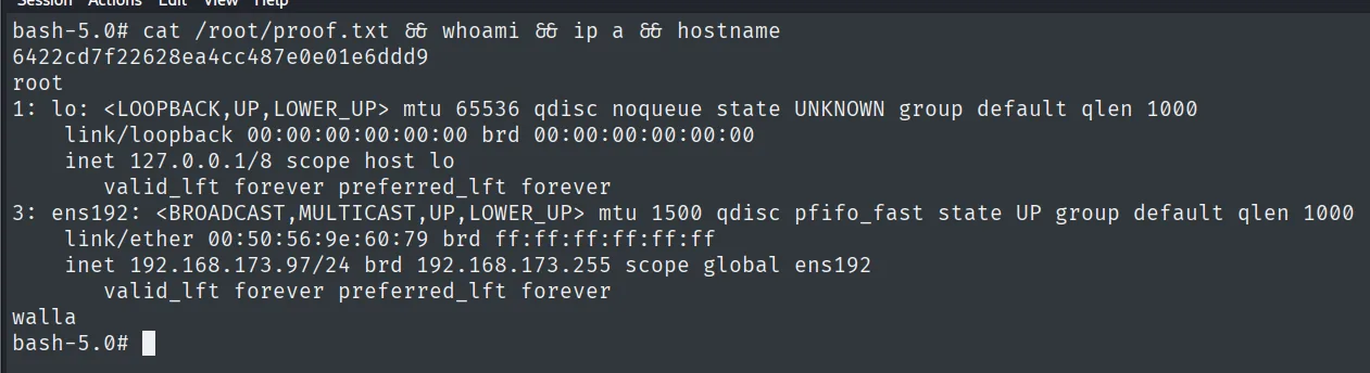 proof.txt leido como root en walla, con whoami root e IP 192.168.173.97