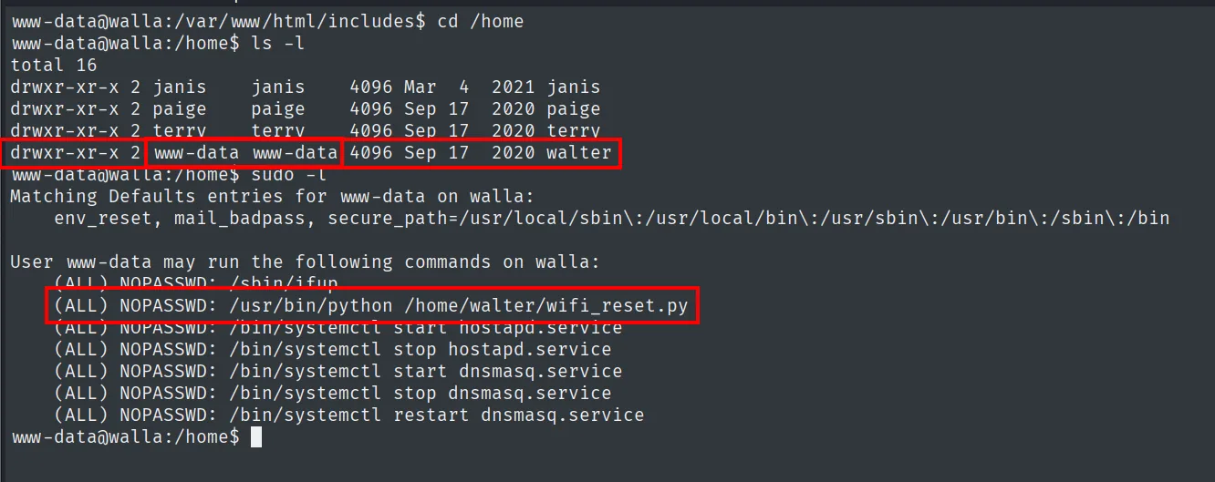 ls -l /home mostrando walter propiedad de www-data y sudo -l con NOPASSWD python /home/walter/wifi_reset.py