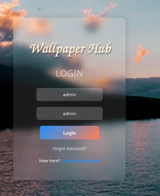 El formulario LOGIN de Wallpaper Hub con admin en usuario y contraseña, y los enlaces Forgot Password y Create an account