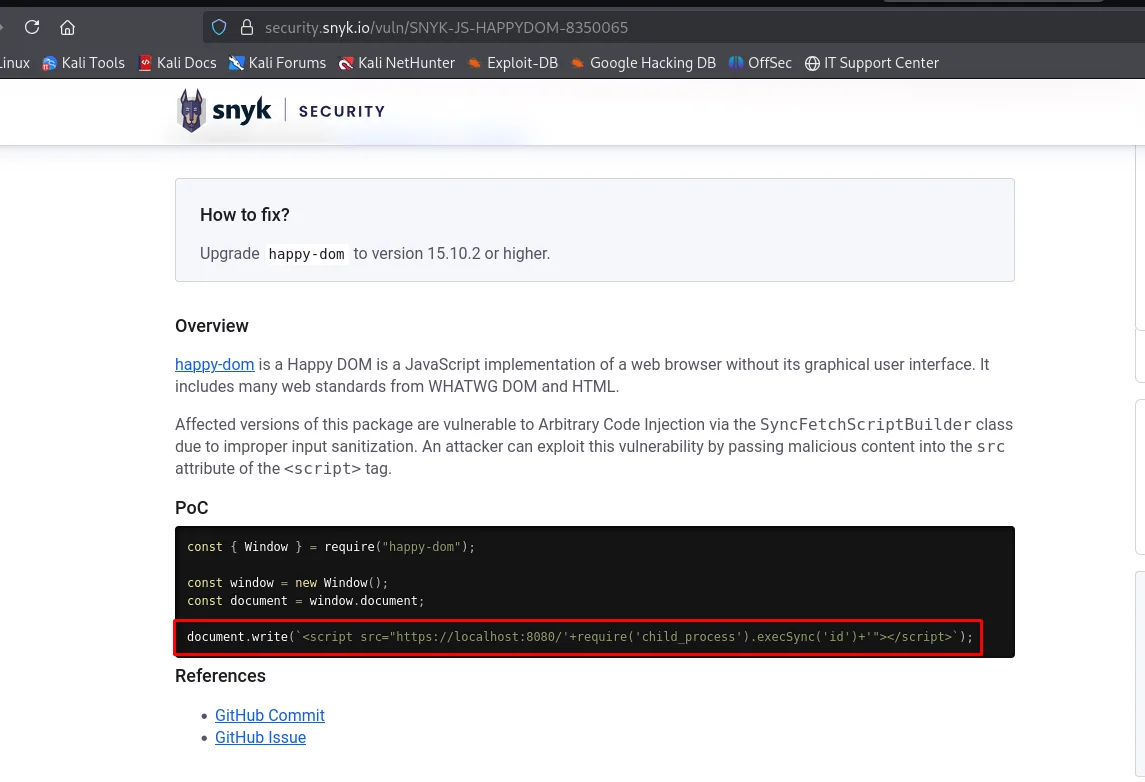 la ficha de Snyk con el resumen del fallo y el bloque PoC, con la línea del document.write resaltada