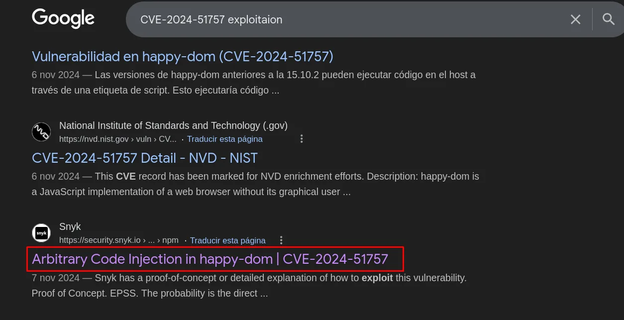 la búsqueda CVE-2024-51757 exploitaion muestra la ficha del NVD y, resaltada, la de Snyk Arbitrary Code Injection in happy-dom