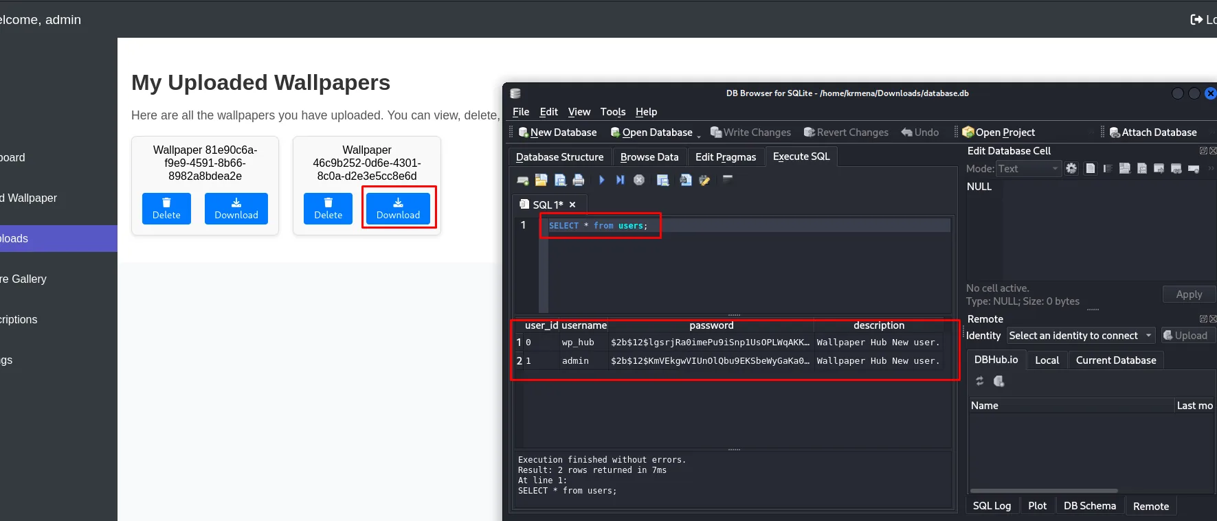DB Browser for SQLite ejecuta SELECT * from users y devuelve las dos filas con sus hashes bcrypt