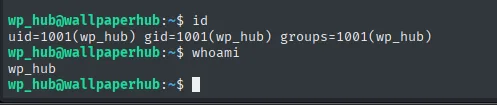 id y whoami confirman la sesión SSH como wp_hub en wallpaperhub