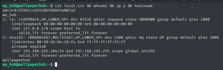 local.txt leída como wp_hub, con la IP 192.168.192.204 y el hostname wallpaperhub
