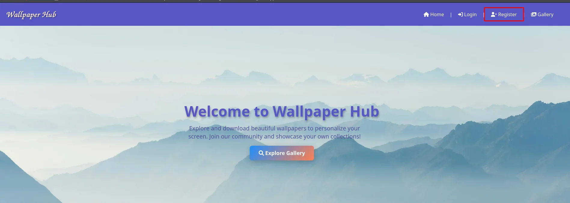La portada de Wallpaper Hub con el enlace Register en la barra de navegación