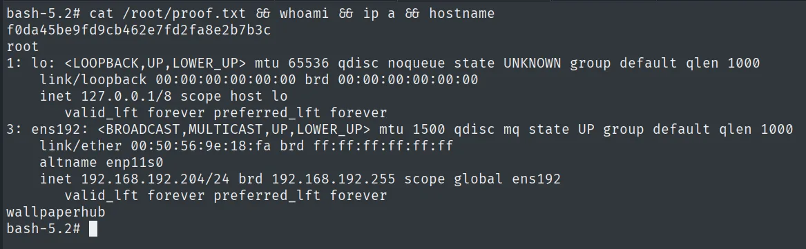 proof.txt leída como root en wallpaperhub