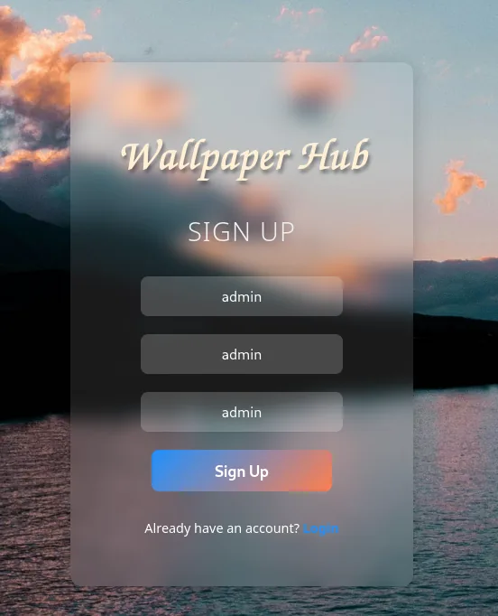 El formulario SIGN UP relleno con admin/admin/admin