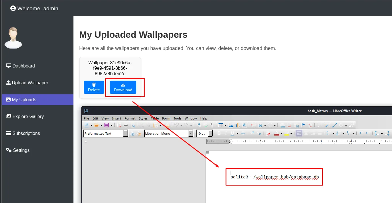 El .bash_history descargado contiene la orden sqlite3 ~/wallpaper_hub/database.db