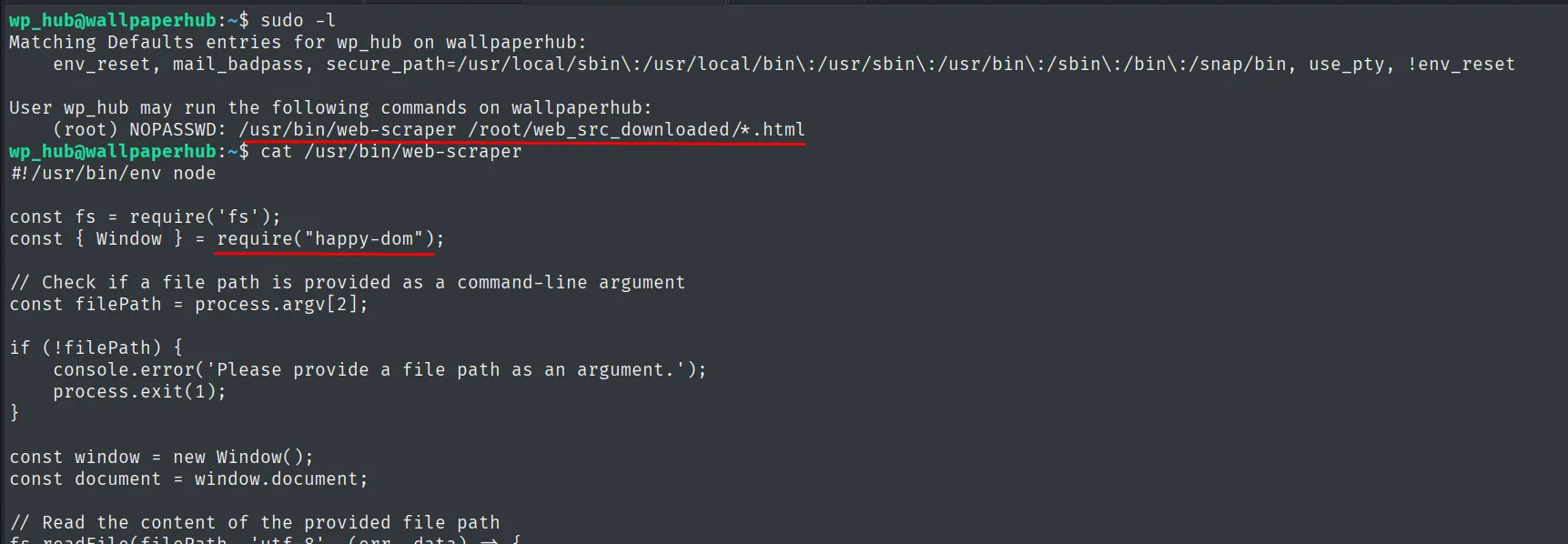 sudo -l muestra la regla con el comodín /root/web_src_downloaded/*.html y el cat del binario revela que es Node con happy-dom