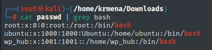 cat passwd | grep bash deja tres usuarios con shell: root, ubuntu y wp_hub