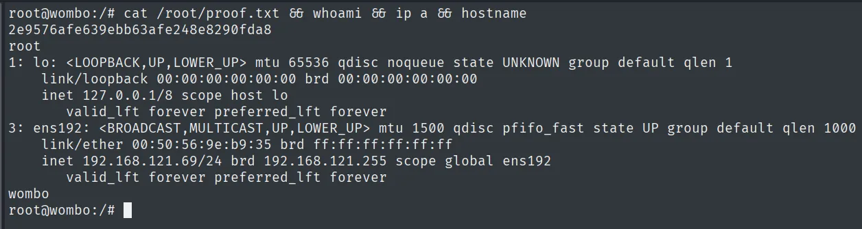proof.txt leída como root en wombo