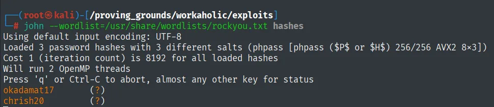 john crackea los hashes phpass y devuelve okadamat17 y chrish20