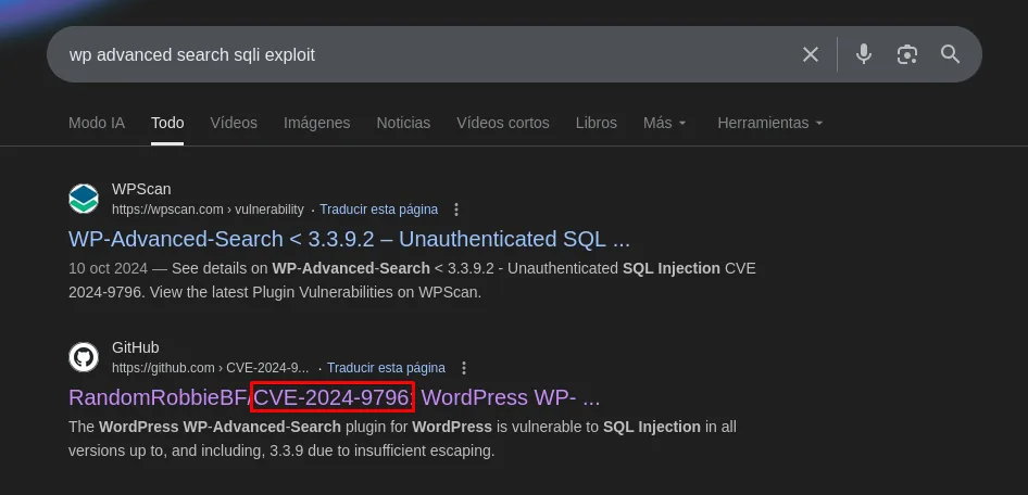 Búsqueda wp advanced search sqli exploit: WPScan documenta WP-Advanced-Search &lt; 3.3.9.2 Unauthenticated SQL Injection CVE-2024-9796