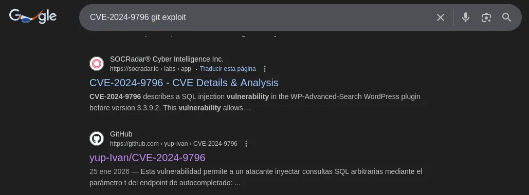 Búsqueda CVE-2024-9796 git exploit: repo GitHub yup-Ivan/CVE-2024-9796 que inyecta SQL por el parámetro t del autocompletado