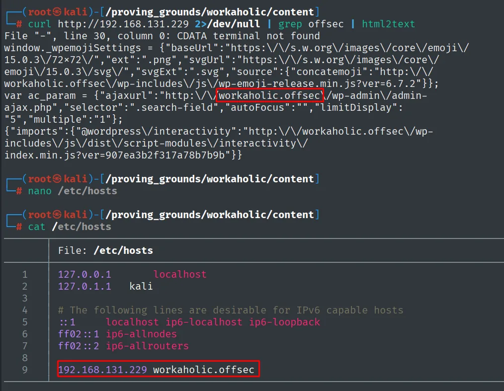 El código fuente filtra workaholic.offsec en ajaxurl; lo añadimos al /etc/hosts apuntando a 192.168.131.229