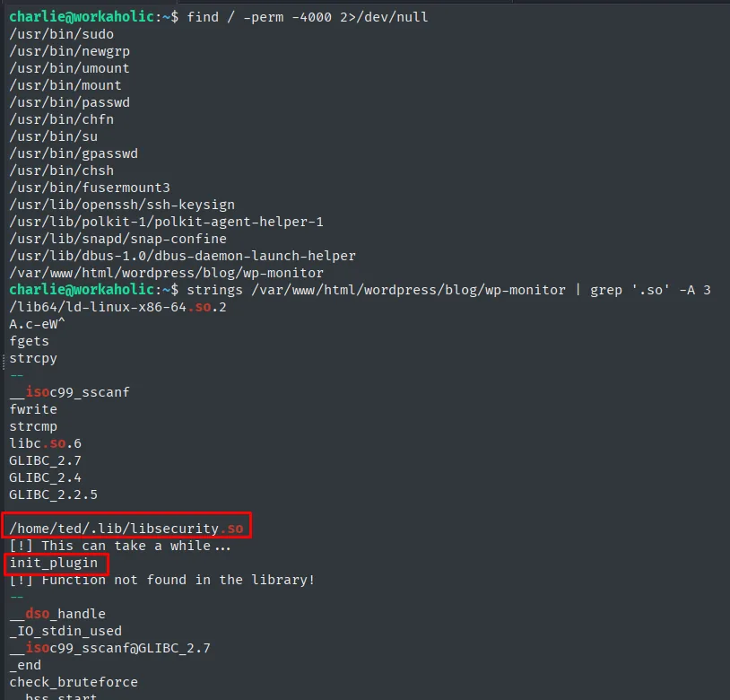 find revela el SUID wp-monitor y strings muestra que carga /home/ted/.lib/libsecurity.so llamando a init_plugin