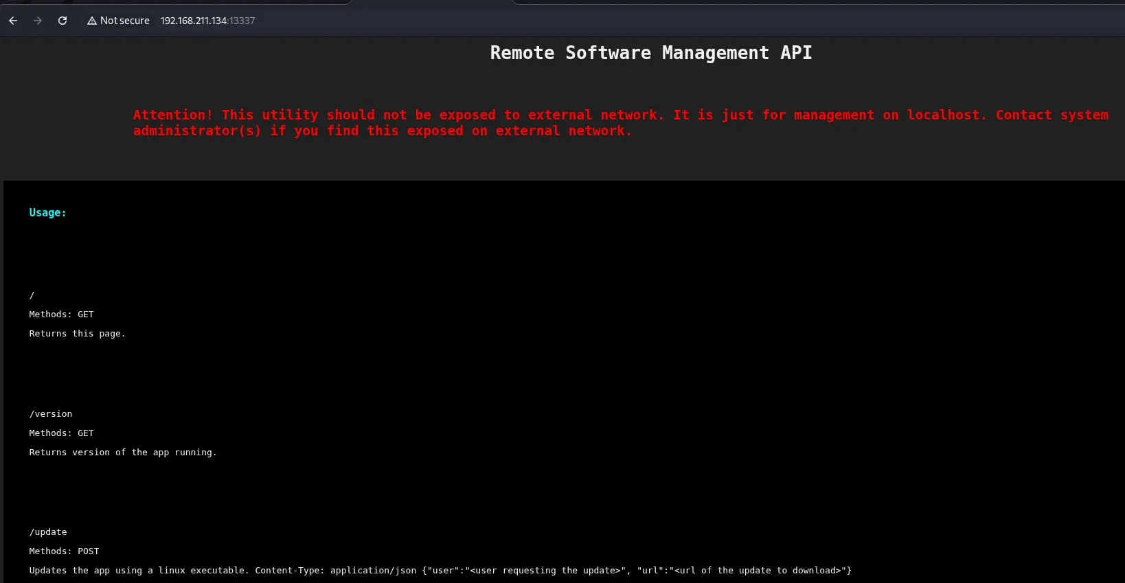 Documentacion de la Remote Software Management API con endpoints /version, /update y aviso de no exponer