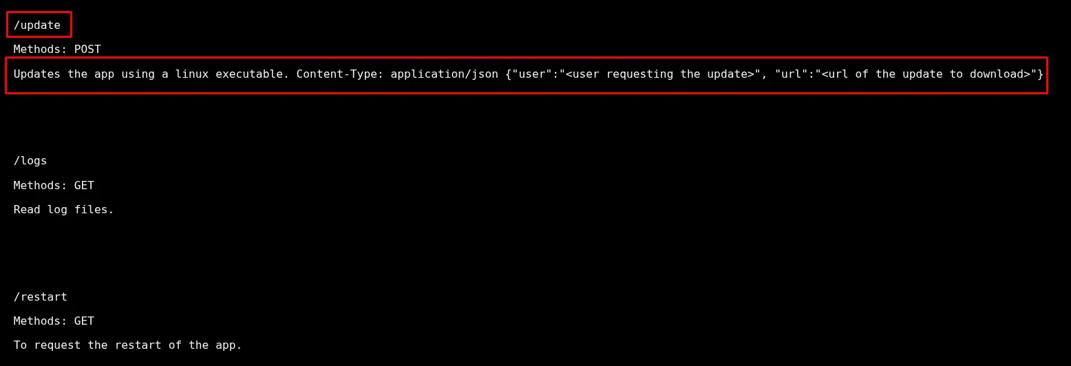 Documentación de /update: método POST, Content-Type application/json y el cuerpo con los campos user y url; debajo /logs (GET, lee ficheros de log) y /restart