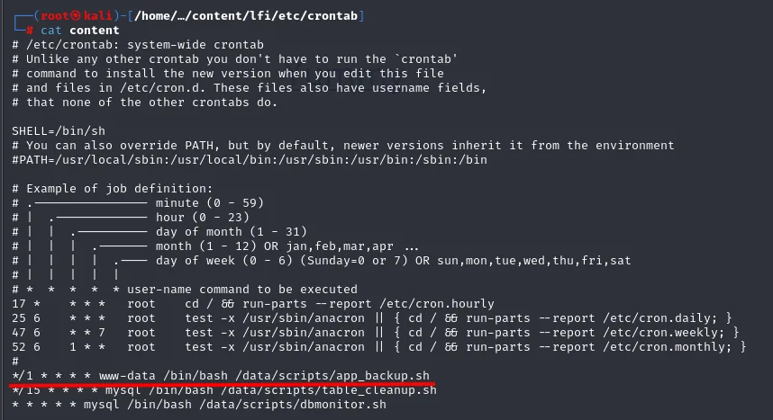 /etc/crontab muestra app_backup.sh ejecutándose cada minuto como www-data