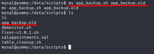 mv renombrando app_backup.sh a app_backup.old y ls confirmando que ya no existe el original
