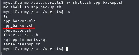 mv renombrando shell.sh a app_backup.sh y ls mostrando app_backup.old junto al nuevo app_backup.sh