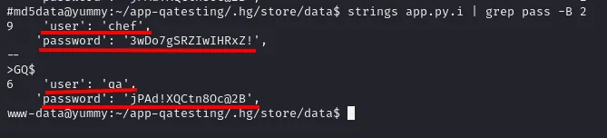 strings sobre el repositorio revela las contraseñas asociadas a los usuarios chef y qa