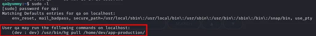 sudo -l muestra que qa puede ejecutar /usr/bin/hg pull /home/dev/app-production como dev