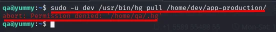 El comando sudo -u dev hg pull abortando con "abort: Permission denied: '/home/qa/.hg'"