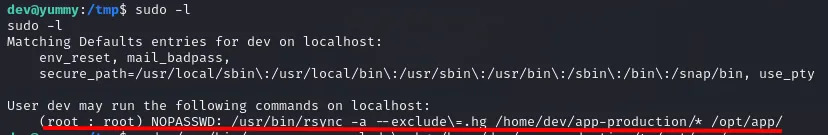 sudo -l muestra que dev puede ejecutar rsync como root copiando desde /home/dev/app-production