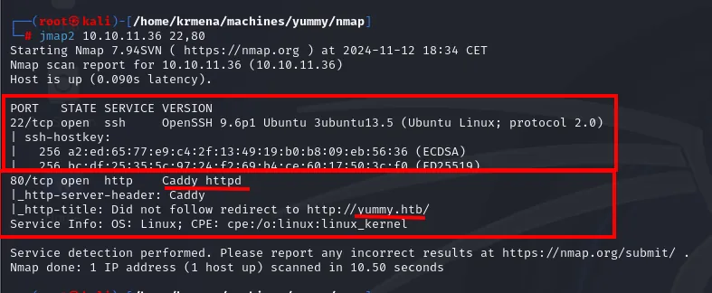 nmap -sCV identifica OpenSSH 9.6p1 en el 22 y Caddy con redirección a yummy.htb en el 80